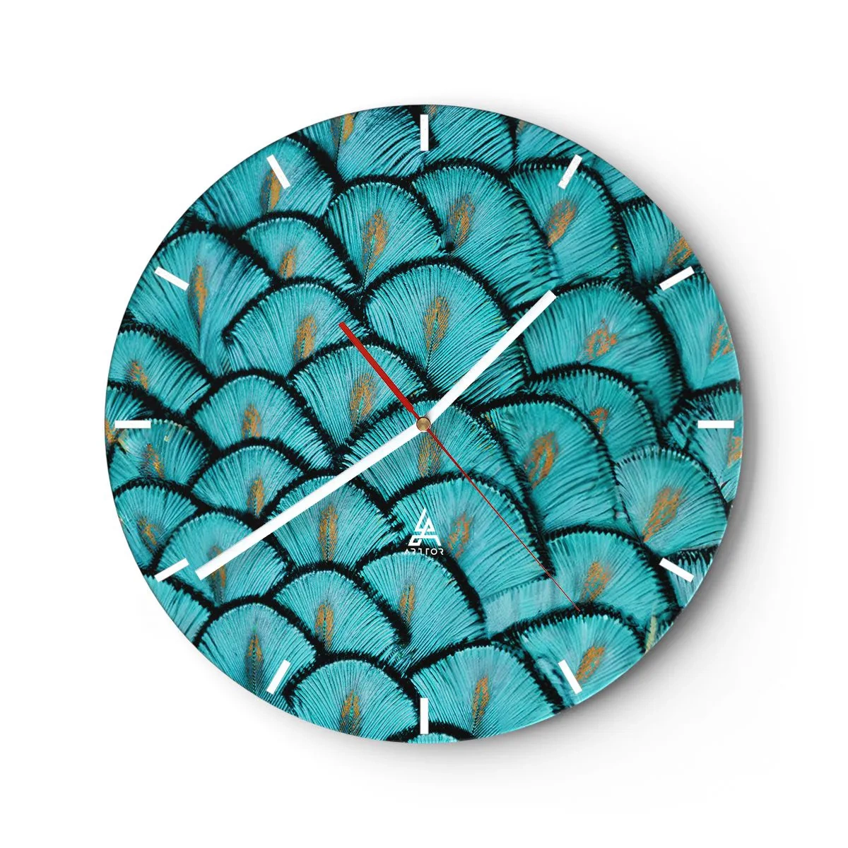 Falióra, Óra - Türkiz pávatollak közeli képe dekoratív elrendezésben. - 30x30cm - A tollak nagy gálája - Modern fali dekoráció nappalihoz, konyhához és hálószobához ARTTOR