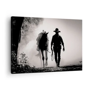 Vászonkép - Cowboy lóval a reggeli ködben - 70x50cm - Texasi reggel - Modern fali dekoráció nappalihoz és hálószobához ARTTOR