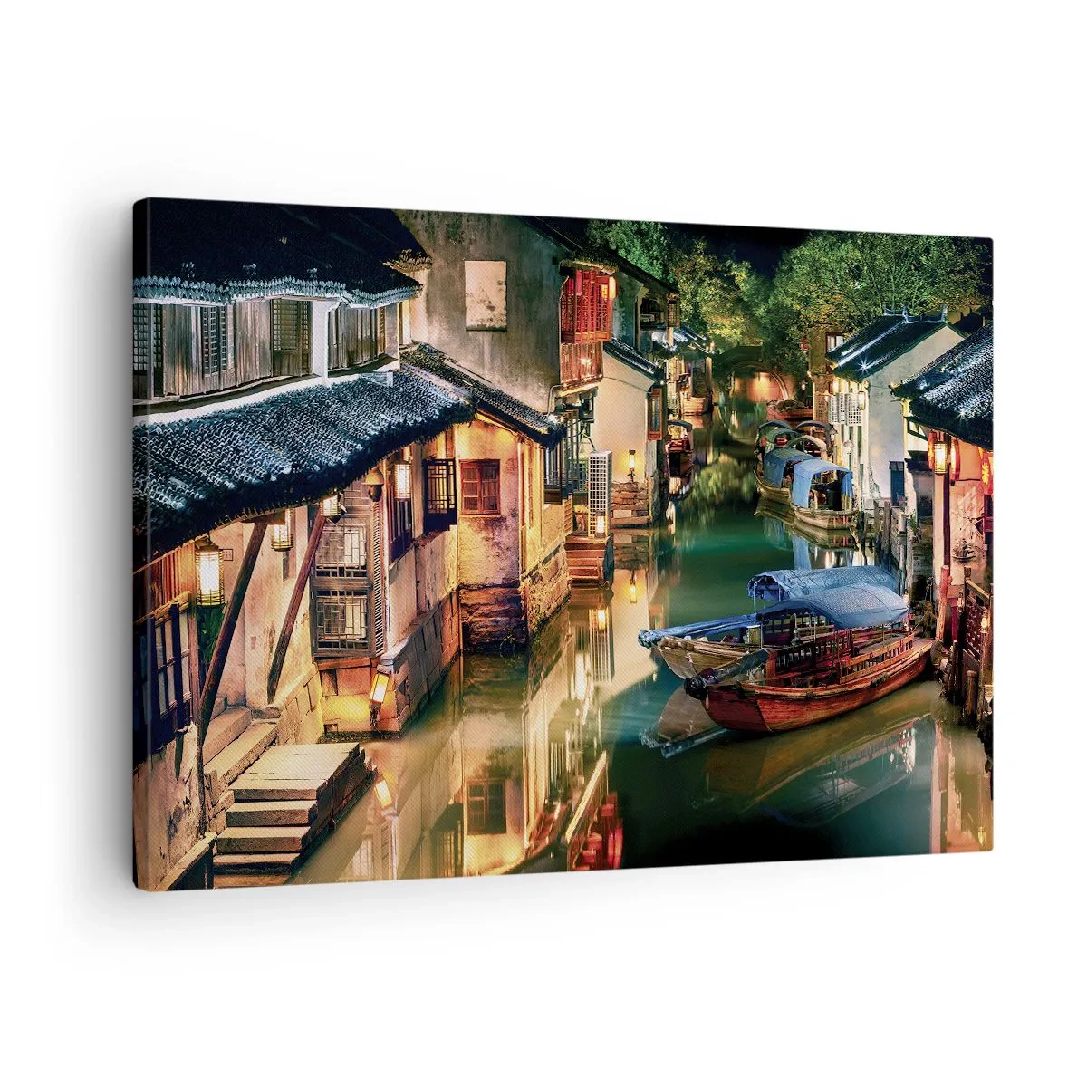 Vászonkép - Éjszakai kilátás a csatornákra, hagyományos hajókkal és házakkal - 70x50cm - Este egy kínai utcán - Modern fali dekoráció nappalihoz és hálószobához ARTTOR