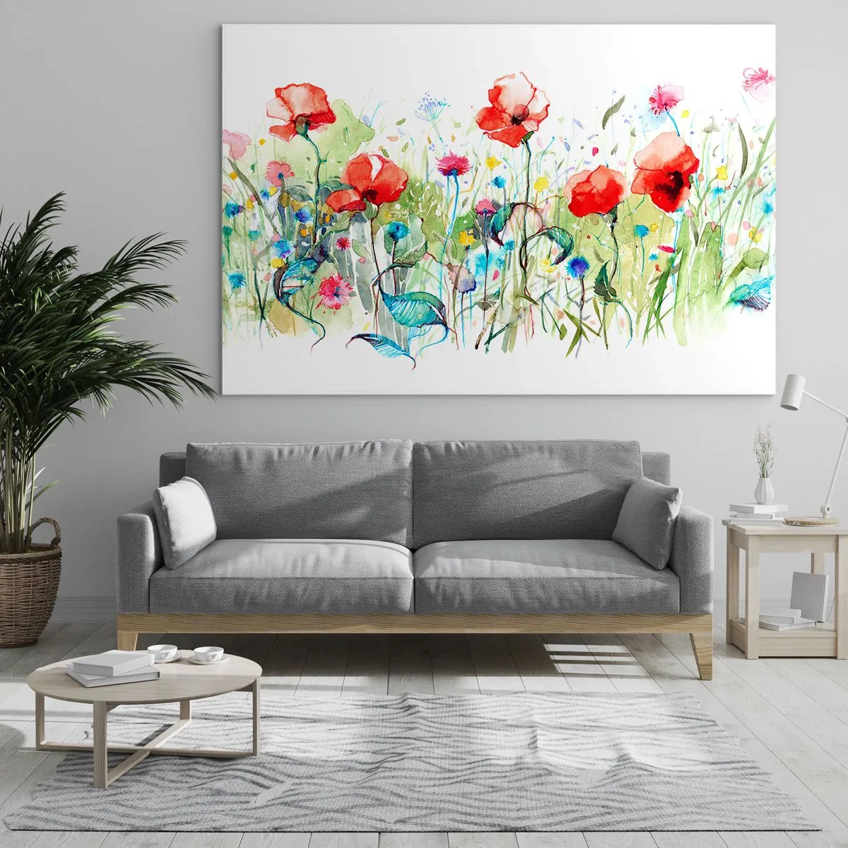 Üveg kép - Színes pipacsok és vadvirágok akvarell stílusban - 70x50cm - Virágzó májusi rét - Modern fali dekoráció nappalihoz és hálószobához ARTTOR
