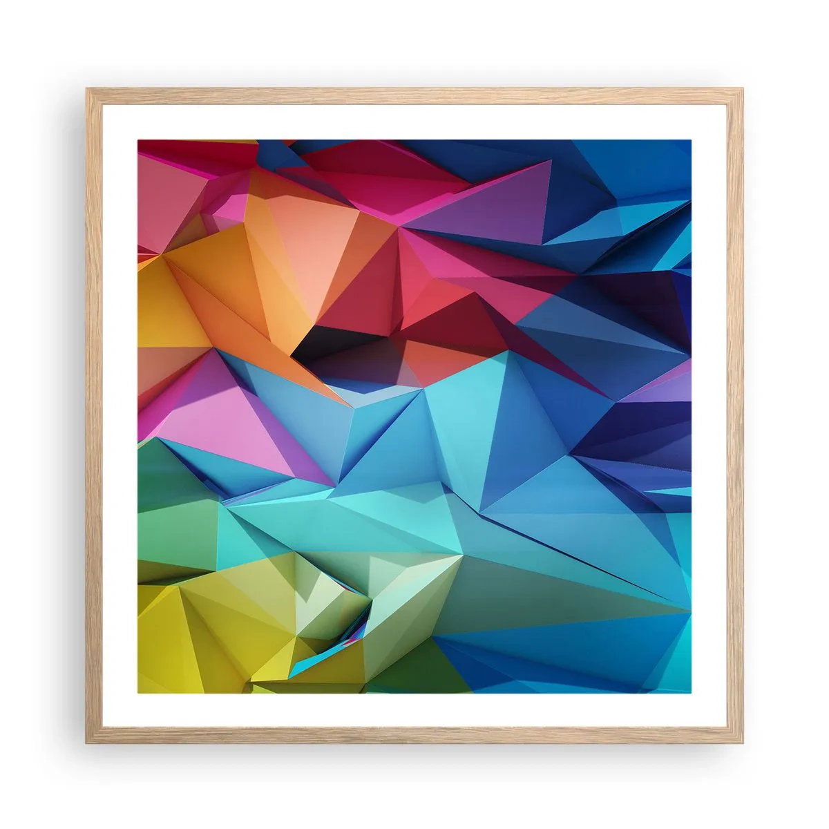 Poszter világos tölgy keretben - Szivárvány origami - 60x60 cm