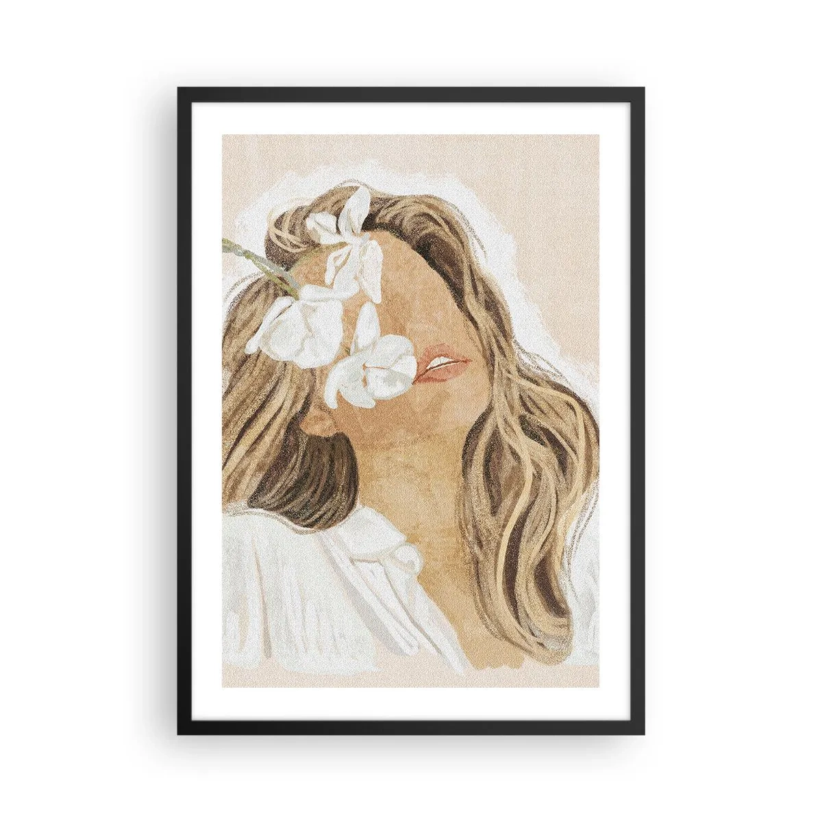 Poszter fehér keretben - Portré egy nőről, akinek virág borítja az arcát - 50x70cm - A virágok között ujjongva - Modern fali dekoráció nappalihoz és hálószobához ARTTOR