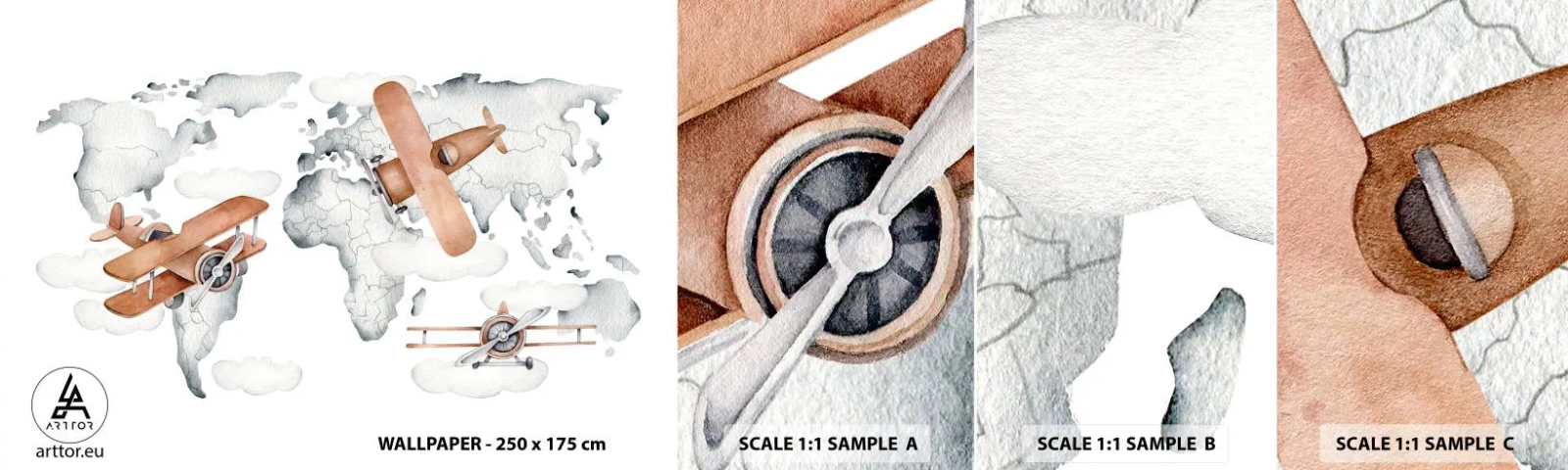 Fotótapéta Minta Standard Eco - Úttörő szellemben - Világtérkép, Repülőgépek, Gyermekek - 100x30 cm