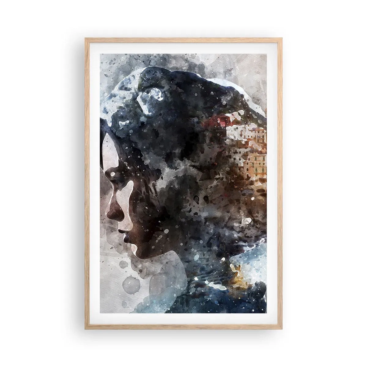 Poszter világos tölgy keretben - Történet egy lányról, várossal a háttérben - 61x91 cm