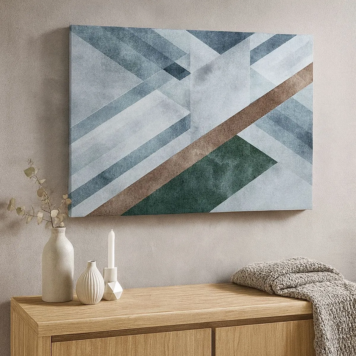 Vászonkép - Geometriai formák hűvös kék és barna árnyalatokban - 70x50cm - A geometria kifinomult eleganciája - Modern fali dekoráció nappalihoz és hálószobához ARTTOR