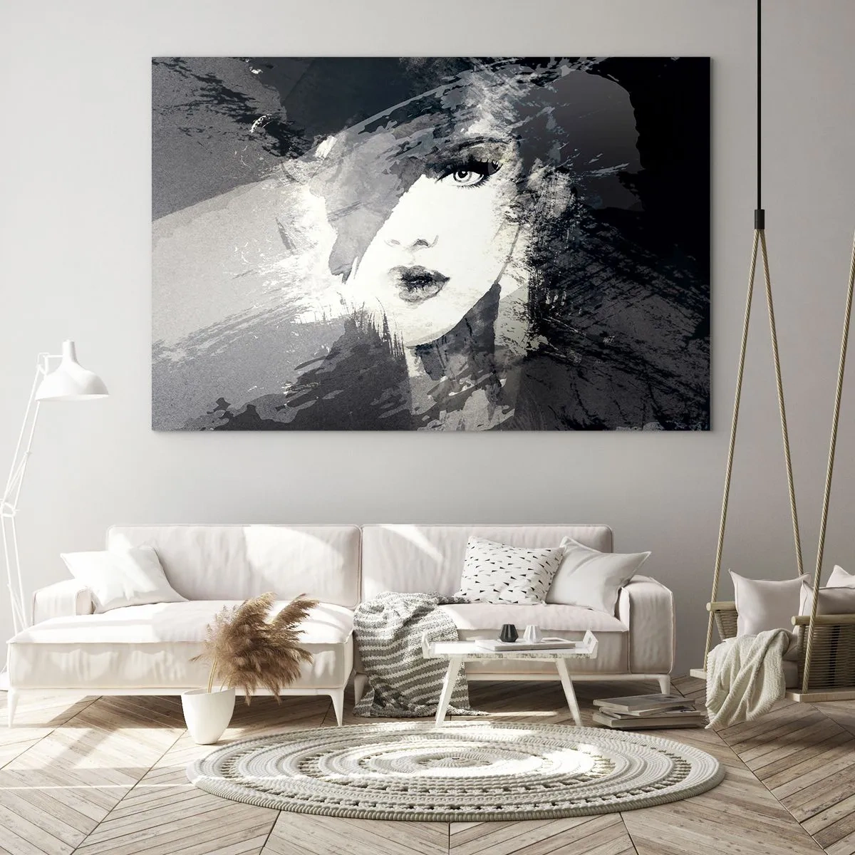 Üveg kép - Egy nő arcát részben absztrakt szürke foltok borítják. - 70x50cm - Szürke fátyol mögül - Modern fali dekoráció nappalihoz és hálószobához ARTTOR