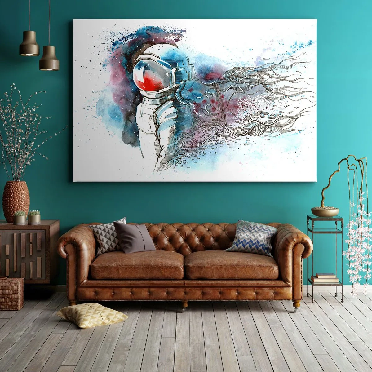 Vászonkép - Egy kozmonauta dinamikus akvarellben, kozmikus részletekkel - 70x50cm - Egy az egyben az űrrel - Modern fali dekoráció nappalihoz és hálószobához ARTTOR