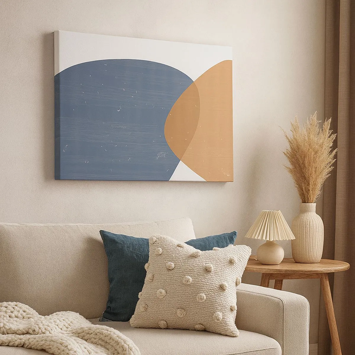 Vászonkép - Minimalista geometrikus kompozíció kék és narancs árnyalataiban. - 70x50cm - Oválisok és hatások - Modern fali dekoráció nappalihoz és hálószobához ARTTOR