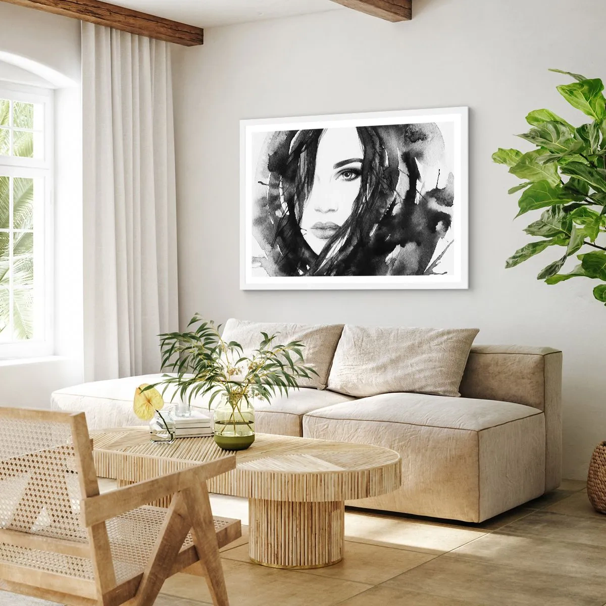 Poszter fekete keretben - Fekete-fehér hölgy portréja - 70x50 cm