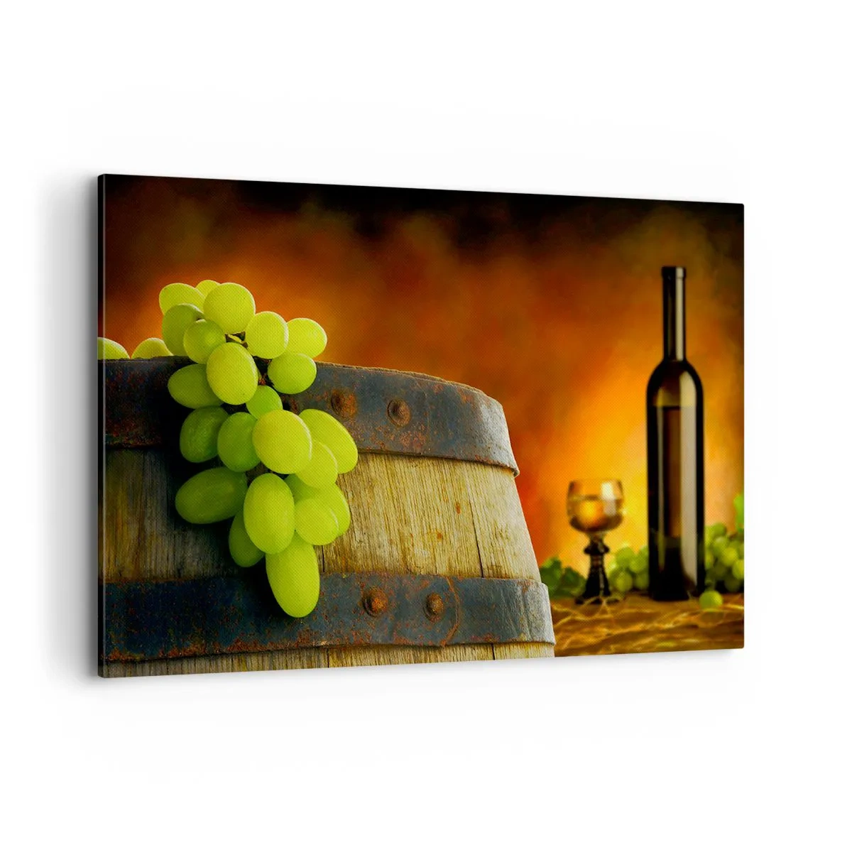 Vászonkép - Csendélet egy üveg borral és egy szőlő fürttel - 120x80 cm