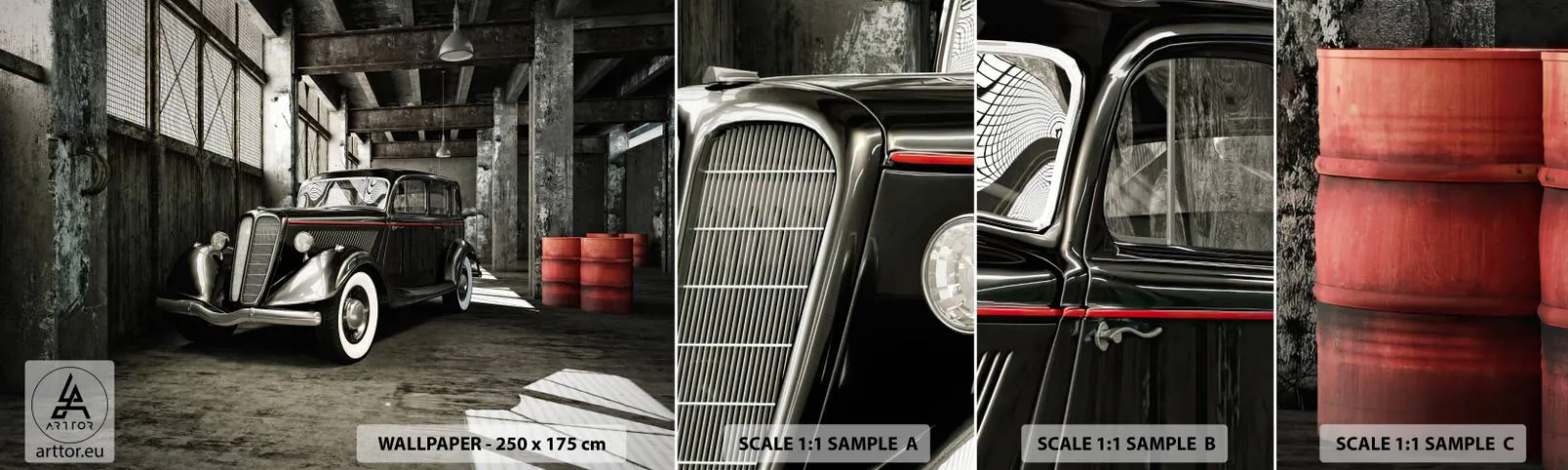 Fotótapéta Minta Öntapadós Deluxe Sticker - Az 30-as évek örök eleganciája - Autóipari, Retro autó, Gyári raktár - 100x30 cm