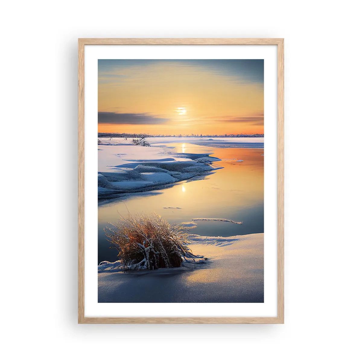 Poszter világos tölgy keretben - Téli naplemente - 50x70 cm
