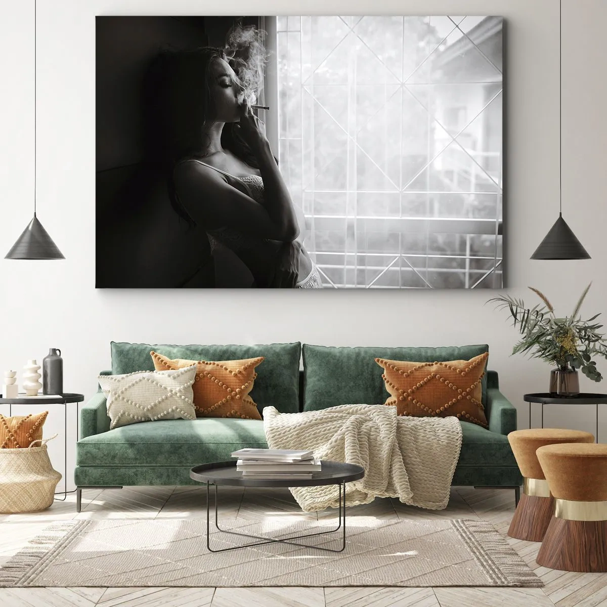 Vászonkép - Egy nő érzéki pózban egy fekete-fehér fényképen - 70x50cm - Egy érzéki pillanat - Modern fali dekoráció nappalihoz és hálószobához ARTTOR