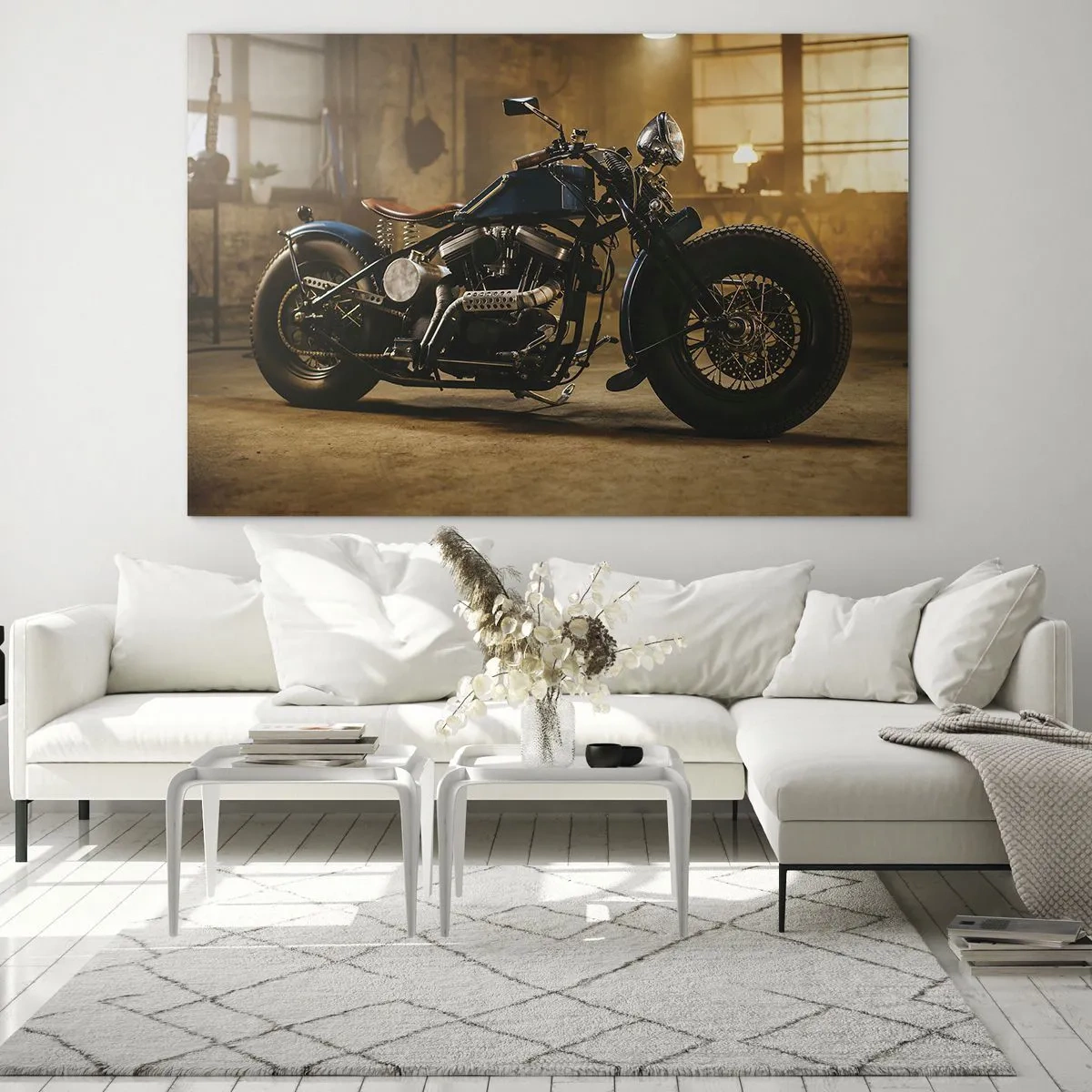 Üveg kép - Hangulatos felvétel egy klasszikus motorkerékpárról a garázsban - 70x50cm - Megtehetek mindent - Modern fali dekoráció nappalihoz és hálószobához ARTTOR