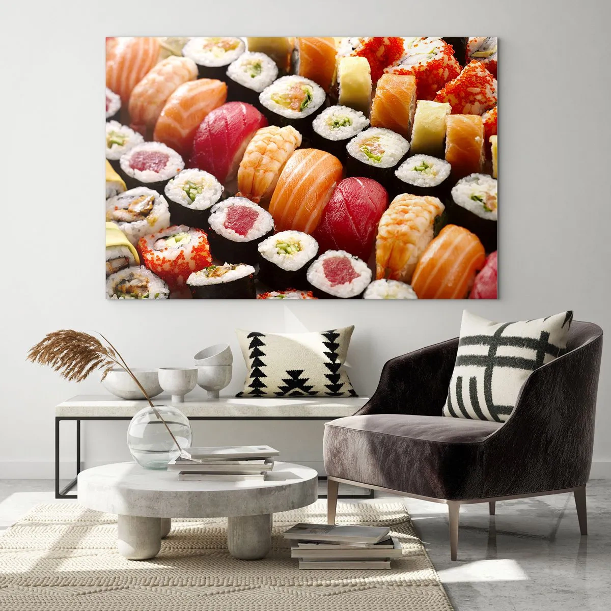 Üveg kép - Színes sushi kompozíció különféle összetevőkkel - 70x50cm - Ázsia színei és ízei - Modern fali dekoráció nappalihoz és hálószobához ARTTOR