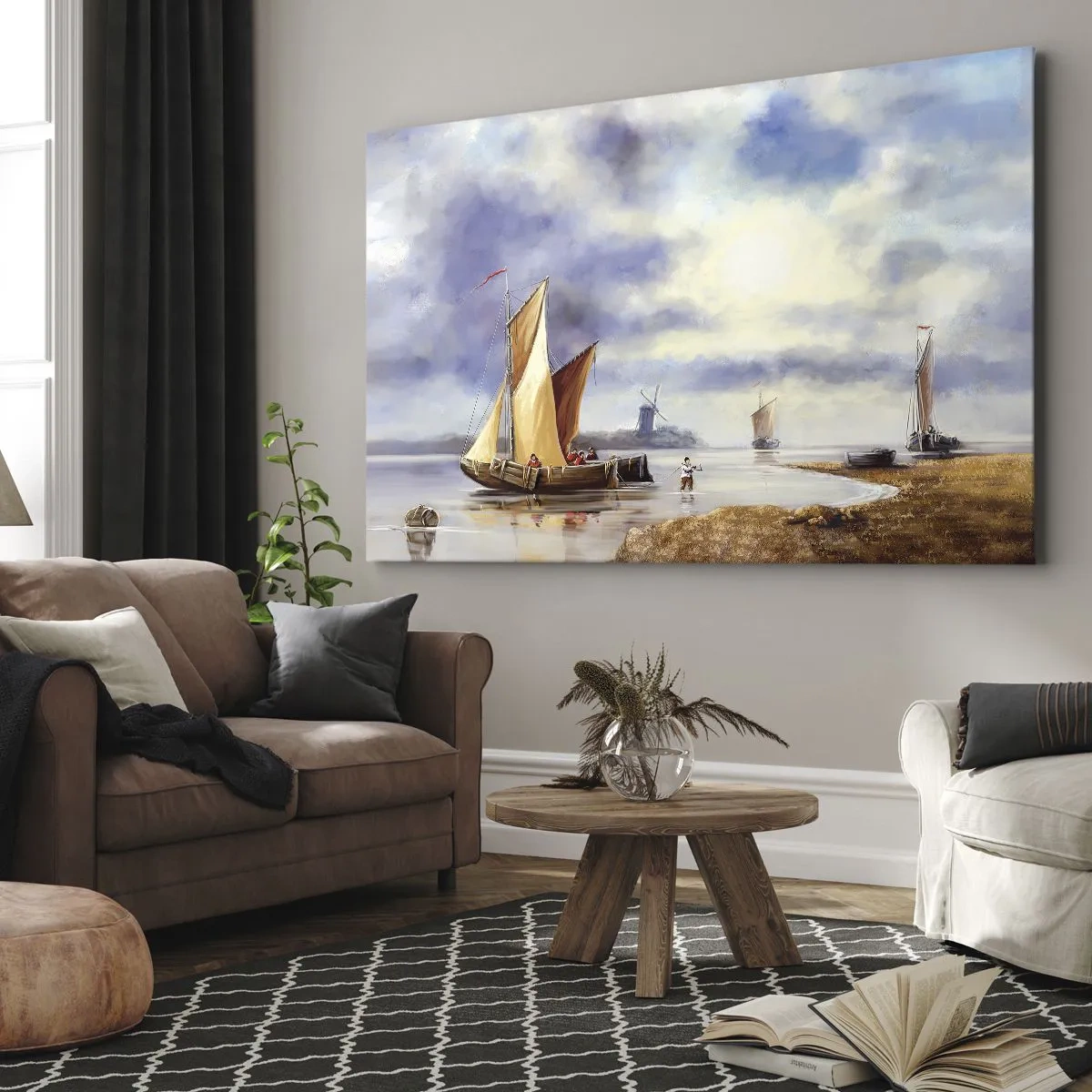 Vászonkép - Vitorlások nyugodt vízen, szélmalmokkal a háttérben - 70x50cm - A tengerészek visszatérése - Modern fali dekoráció nappalihoz és hálószobához ARTTOR
