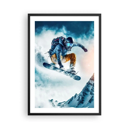 Poszter fehér keretben - Egy snowboardos átrepül egy hófödte hegycsúcs felett - 50x70cm - Extrém érzelmek - Modern fali dekoráció nappalihoz és hálószobához ARTTOR