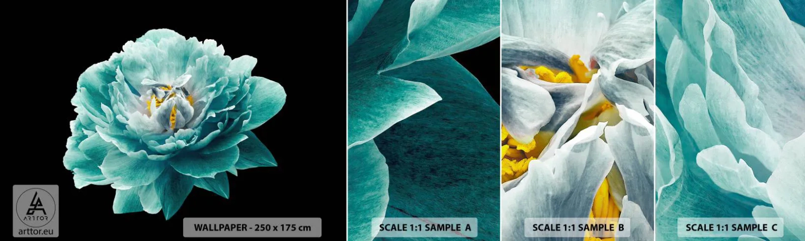 Fotótapéta Minta Öntapadós Deluxe Sticker - Kék és arany szirmok - Virág, Virágzó, Pünkösdi rózsa - 100x30 cm