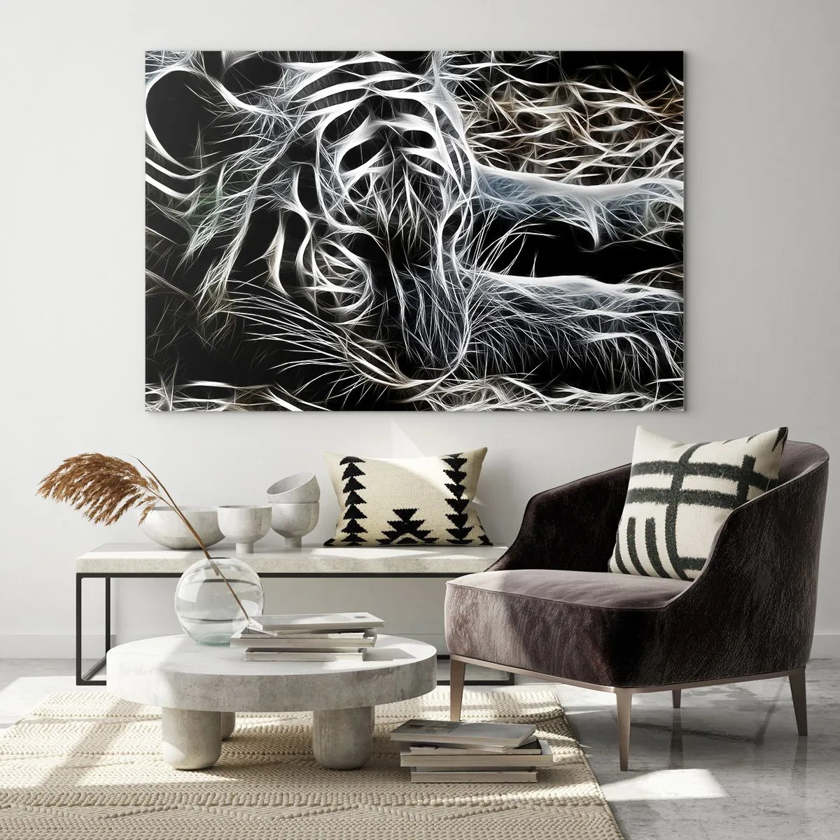 Üveg kép - Absztrakt tigris világító vonalakban fekete háttéren - 70x50cm - Tanulmány a macska könnyedségéről - Modern fali dekoráció nappalihoz és hálószobához ARTTOR