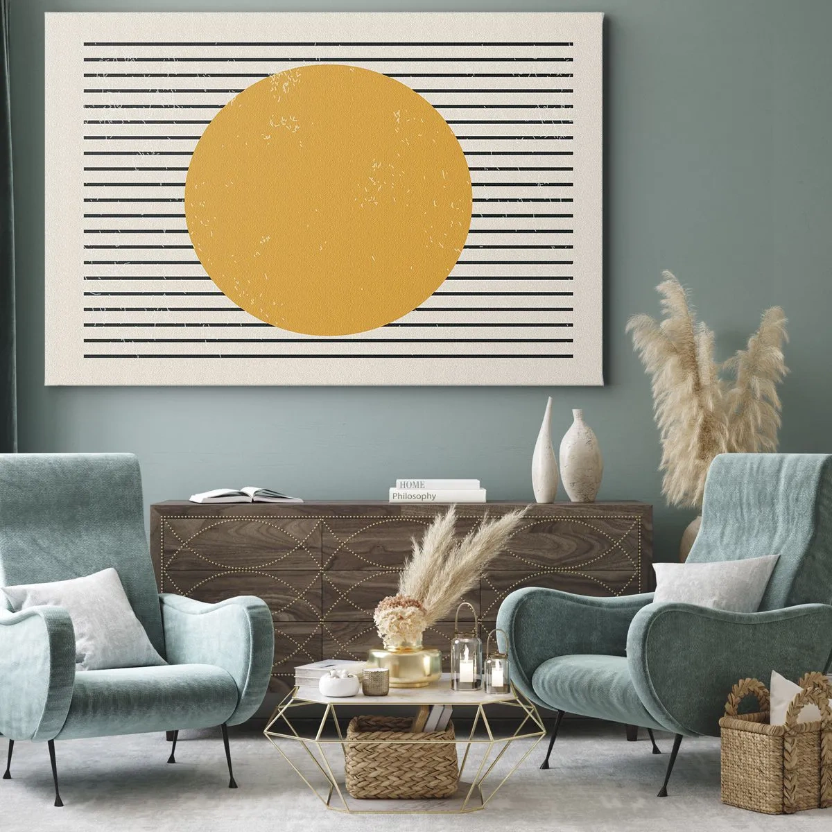 Vászonkép - Egy sárga kör fekete-fehér vízszintes vonalakból álló háttéren - 70x50cm - Az egyszerűség ereje - Modern fali dekoráció nappalihoz és hálószobához ARTTOR