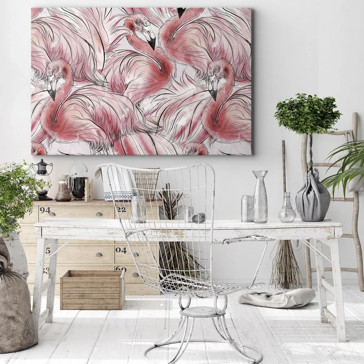 Vászonkép - Rózsaszín flamingók finom rajzai - 70x50cm - Madári  corps de ballet - Modern fali dekoráció nappalihoz és hálószobához ARTTOR