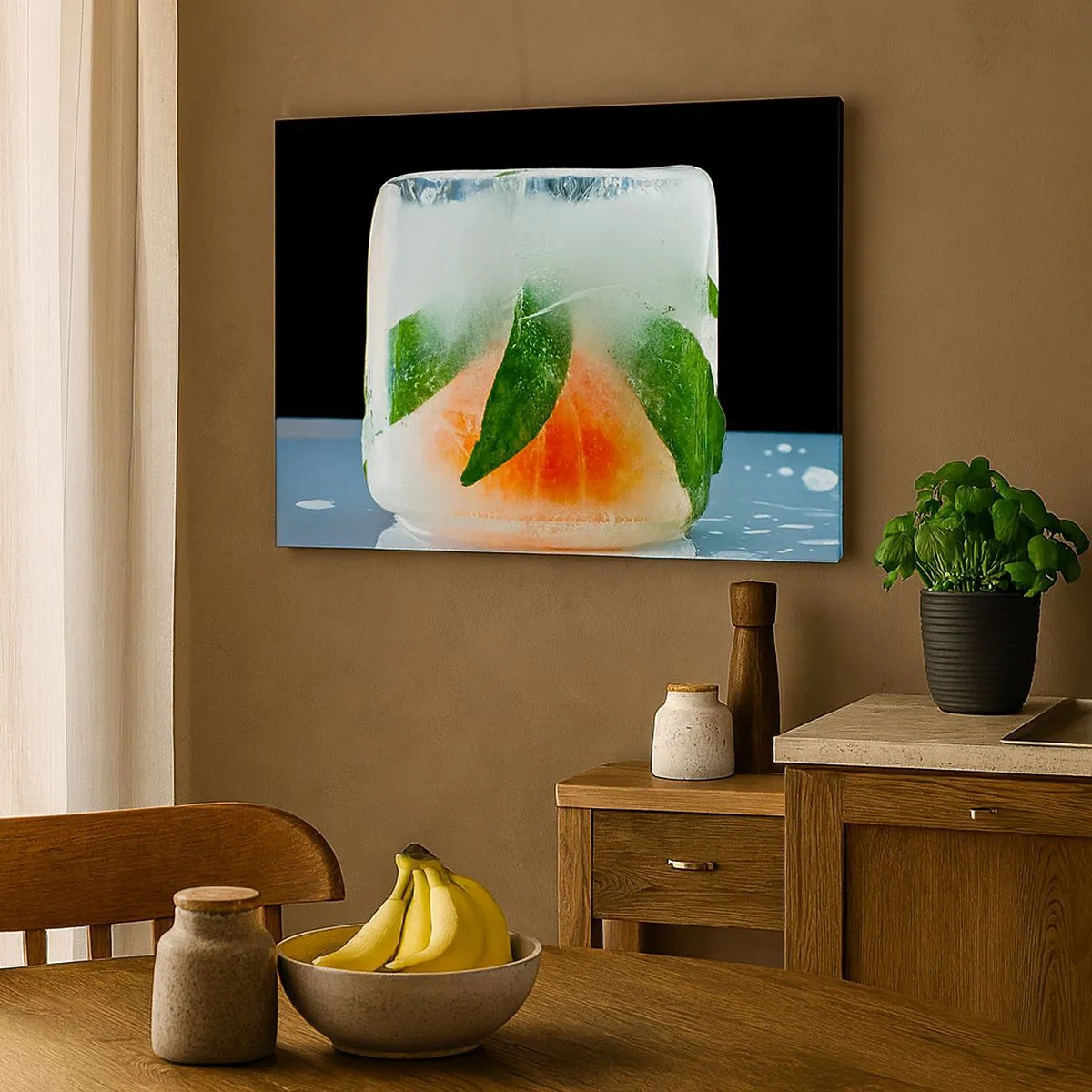 Vászonkép - Jégkocka naranccsal és levelekkel - 70x50cm - Friss és hűvös - Modern fali dekoráció nappalihoz és hálószobához ARTTOR