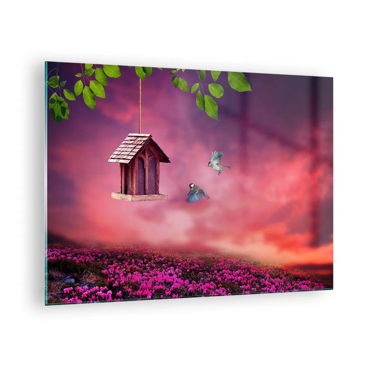 Üveg kép - Madáretető a rózsaszín égbolton - 70x50cm - Meghívás vacsorára - Modern fali dekoráció nappalihoz és hálószobához ARTTOR