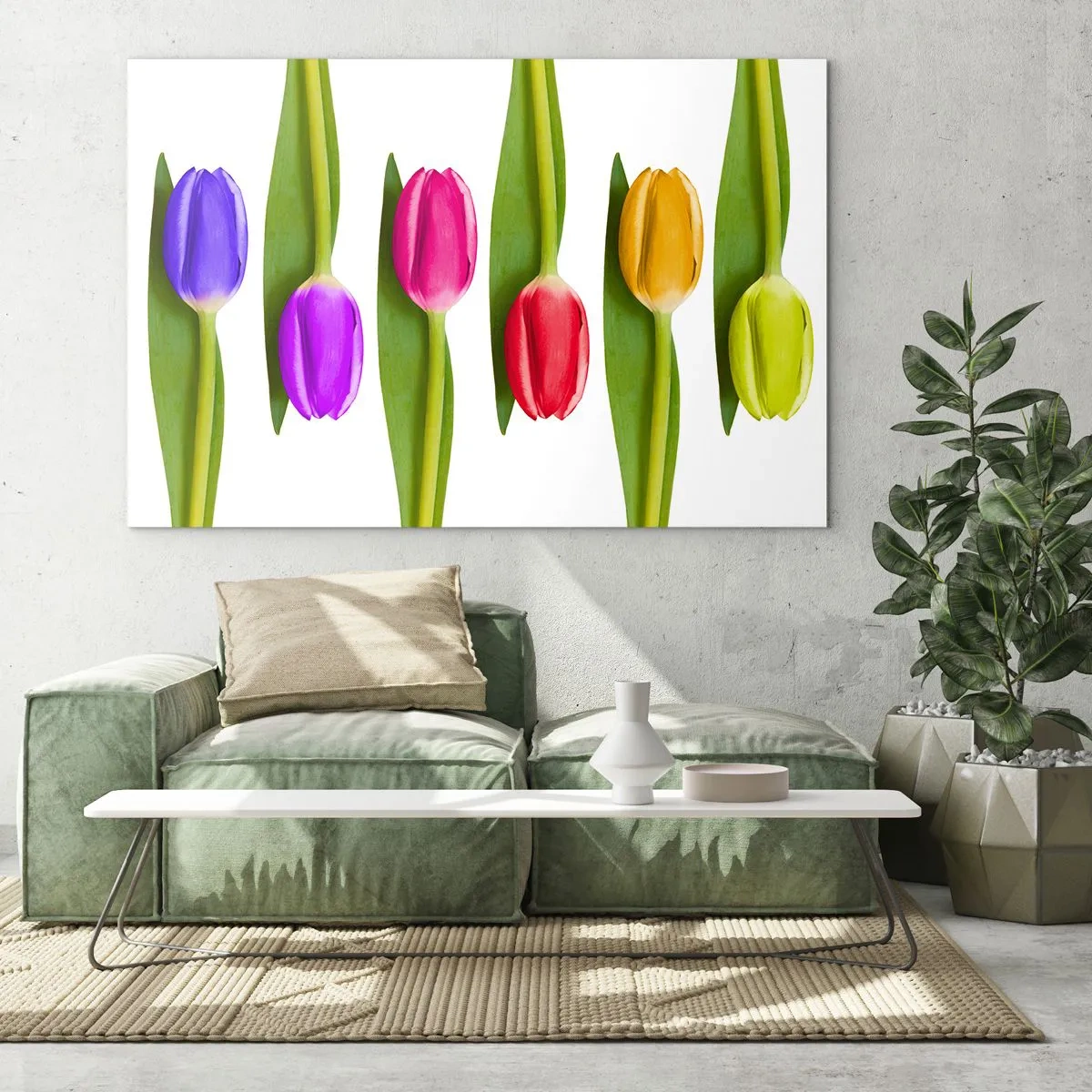 Üveg kép - Színes tulipánok elrendezve fehér alapon - 70x50cm - Szivárvány kompozíció - Modern fali dekoráció nappalihoz és hálószobához ARTTOR