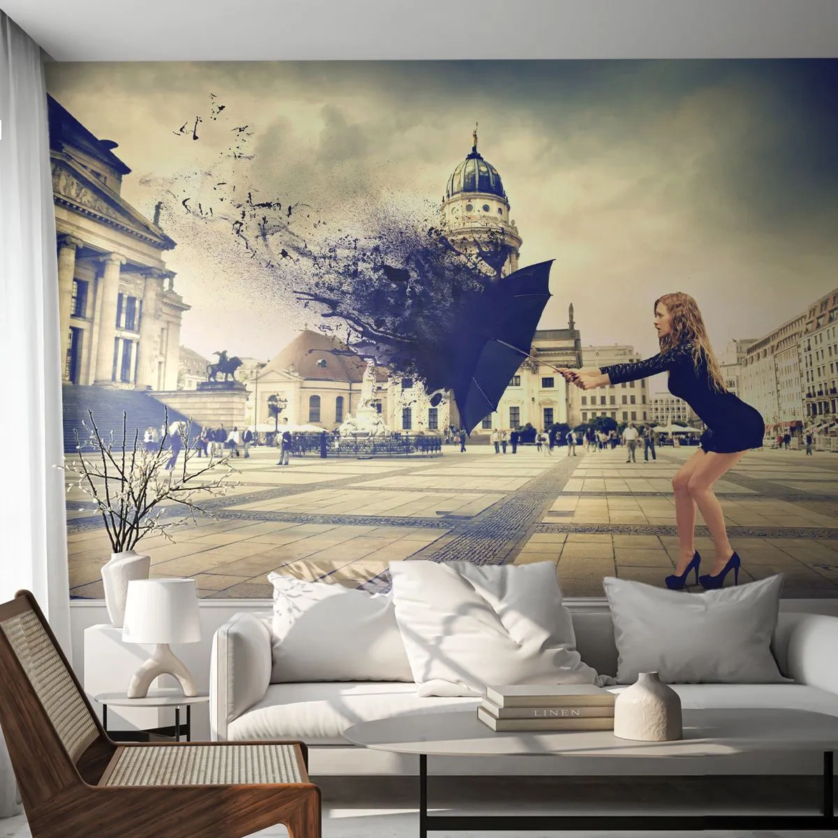 Fotótapéta Premium Sand - Van olyan szél… - Nő, Város, Titokzatos esernyő - 100x70 cm
