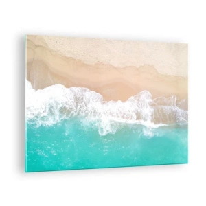 Üveg kép - Légifelvétel a strandról türkizkék vízzel és fehér hullámokkal - 70x50cm - Simogató érintés - Modern fali dekoráció nappalihoz és hálószobához ARTTOR