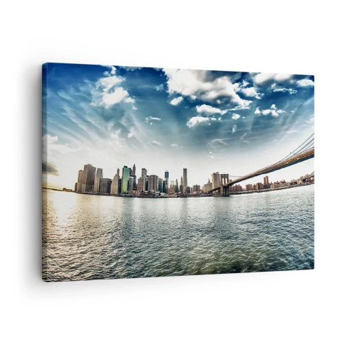 Vászonkép - A város panorámája egy híddal a kék ég ellen - 70x50cm - Az üvegsziget - Modern fali dekoráció nappalihoz és hálószobához ARTTOR