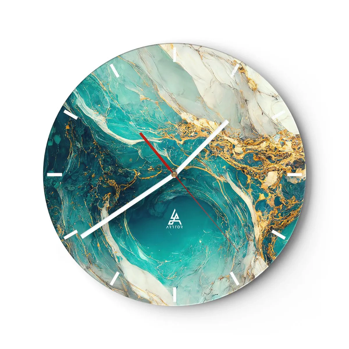 Falióra, Óra - Türkiz absztrakt örvénylő arany mintával - 30x30cm - Kompozíció aranyvénákkal - Modern fali dekoráció nappalihoz, konyhához és hálószobához ARTTOR