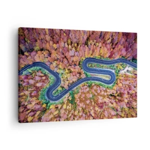 Vászonkép - Egy kanyargós út egy őszi erdőben madártávlatból nézve - 70x50cm - Kanyargós út az erdőn keresztül - Modern fali dekoráció nappalihoz és hálószobához ARTTOR