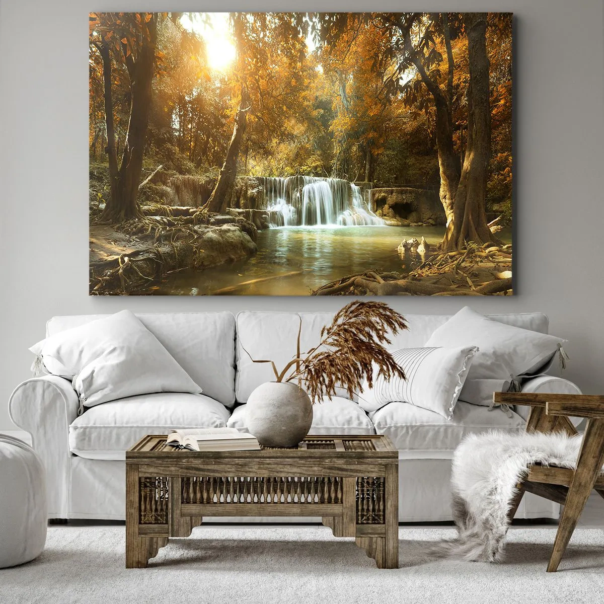 Vászonkép - Őszi táj vízeséssel - 70x50cm - Park kaszkád - Modern fali dekoráció nappalihoz és hálószobához ARTTOR