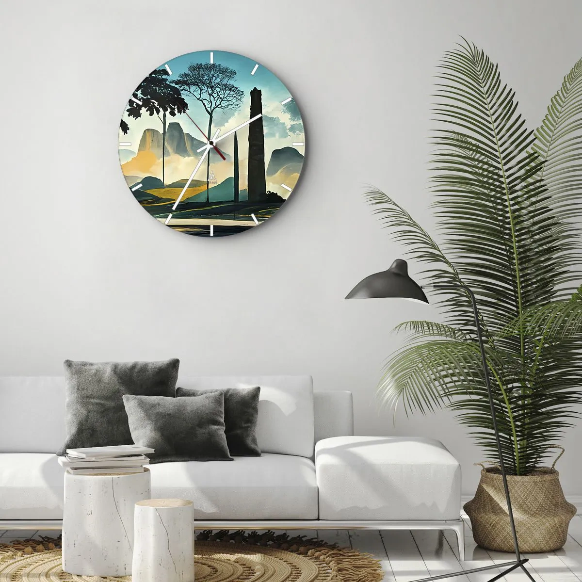 Falióra, Óra - Fák és sziklaalakzatok hegyi háttér előtt reggel - 30x30cm - Mindíg magasabbra és magasabbra - Modern fali dekoráció nappalihoz, konyhához és hálószobához ARTTOR