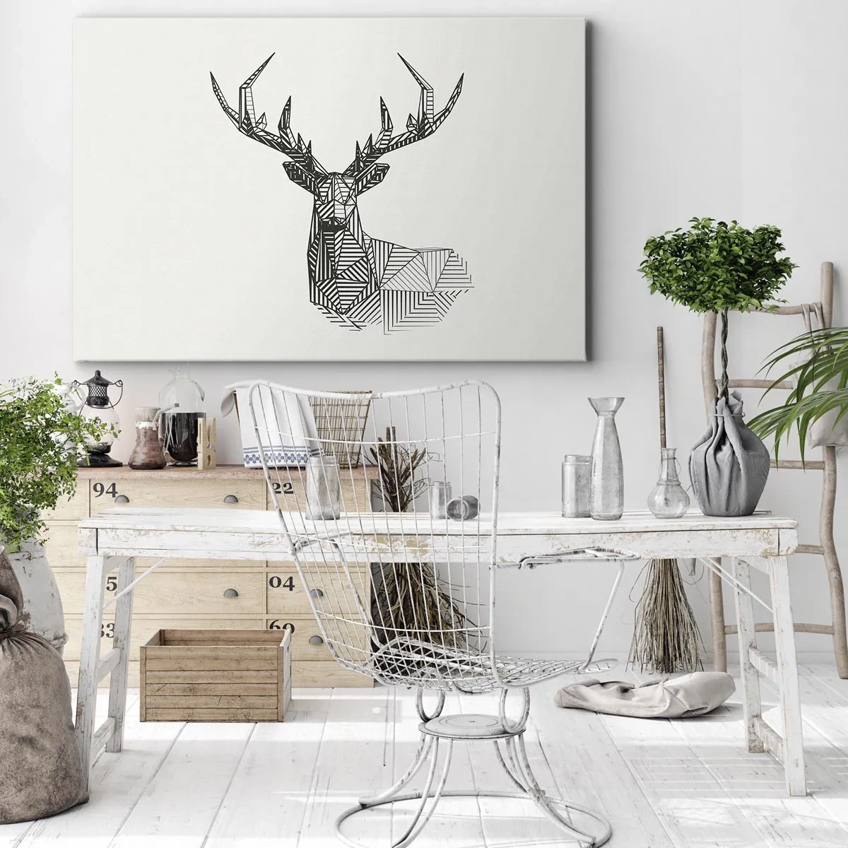 Vászonkép - Szarvas geometrikus képe minimalista fekete-fehér stílusban - 70x50cm - Szarvas kubista stílusban - Modern fali dekoráció nappalihoz és hálószobához ARTTOR