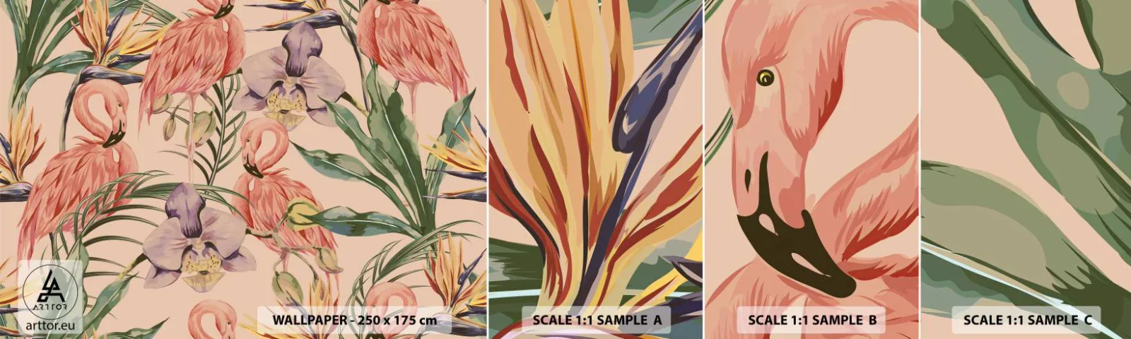Fotótapéta Minta Öntapadós Deluxe Sticker - Rózsaszín balett a virágokban - Madár, Flamingó, Dzsungel - 100x30 cm