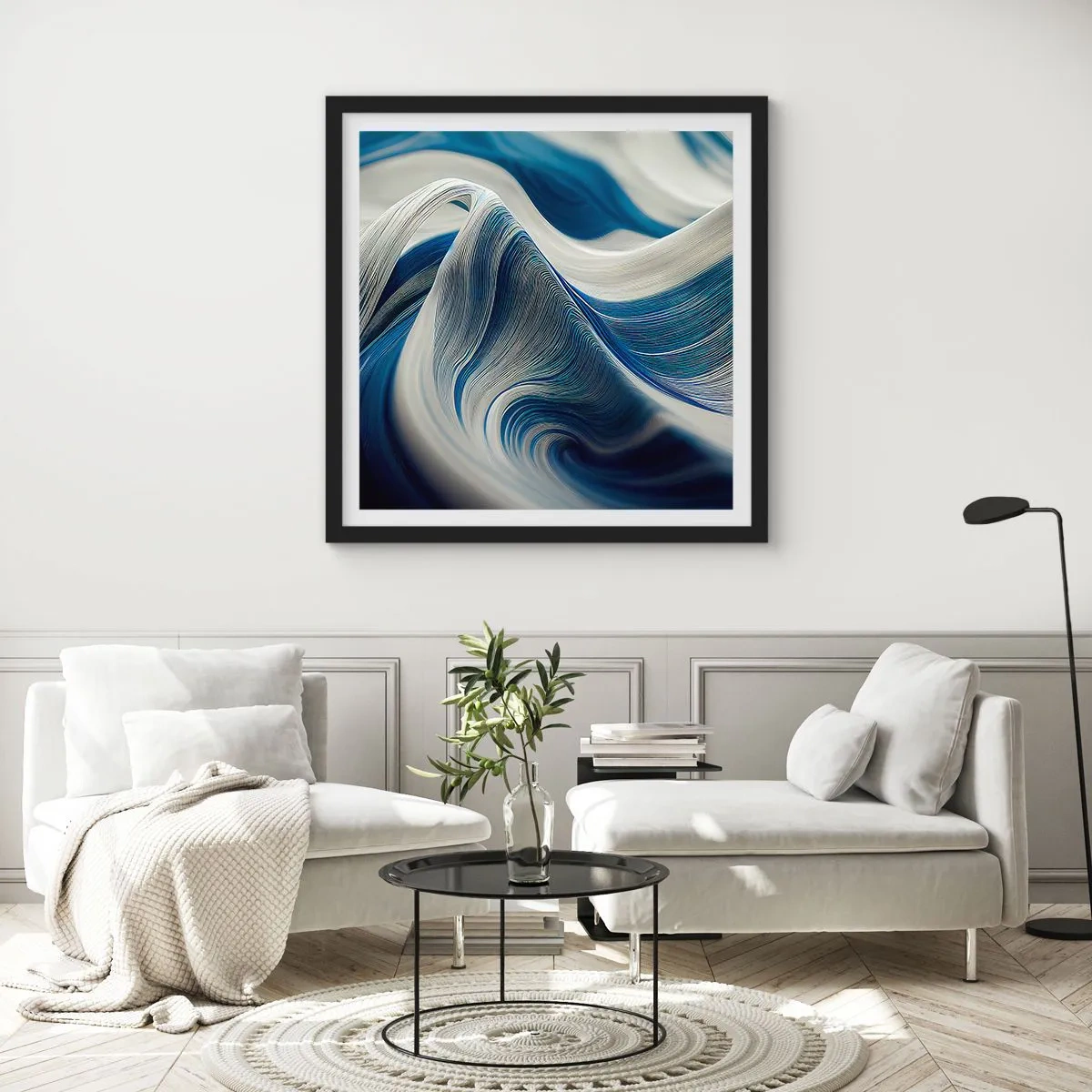 Poszter fehér keretben - Kék és fehér folyékonysága - 60x60 cm