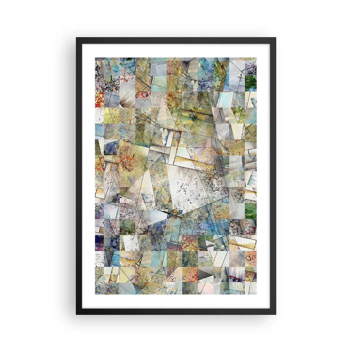 Poszter fehér keretben - Geometriai formák absztrakt mozaikja földszínű árnyalatokban. - 50x70cm - Geometrikus átrendeződés - Modern fali dekoráció nappalihoz és hálószobához ARTTOR