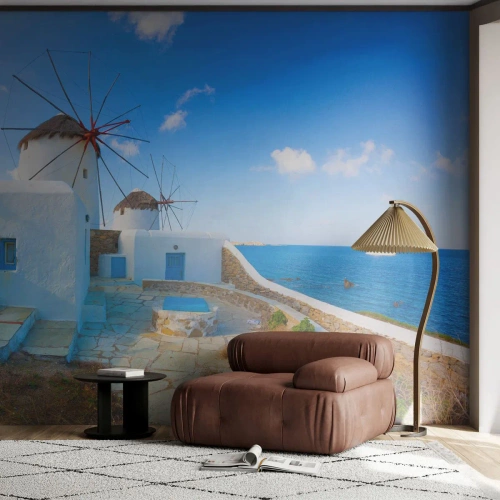 Fotótapéta Standard Eco - Fehér szélmalmok a kék tenger felett, mediterrán tájban - 100x70cm - Kék szél a tenger felől - Modern fali dekoráció nappalihoz és hálószobához ARTTOR
