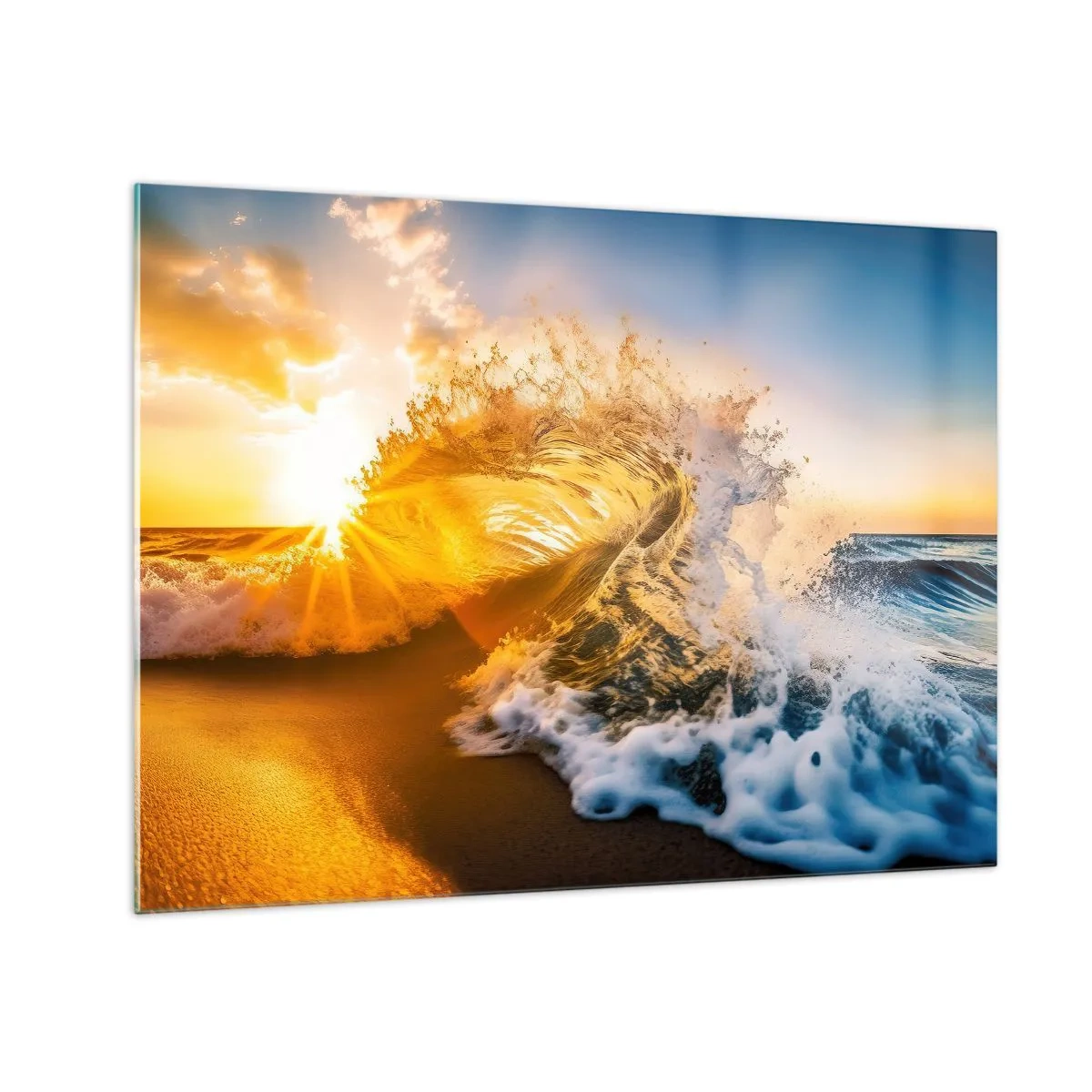Üveg kép - Egy hullám csapódik a partnak, a lenyugvó nap sugarai megvilágítják - 70x50cm - Játék a homokban - Modern fali dekoráció nappalihoz és hálószobához ARTTOR