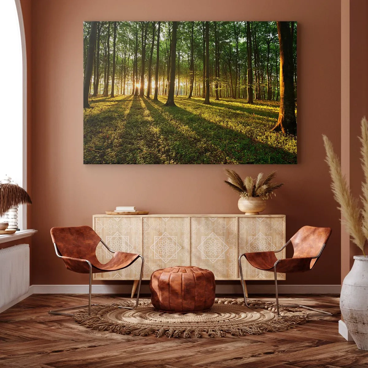 Vászonkép - A lenyugvó nap a lombhullató erdőben - 70x50cm - Minden tavasz fotója - Modern fali dekoráció nappalihoz és hálószobához ARTTOR