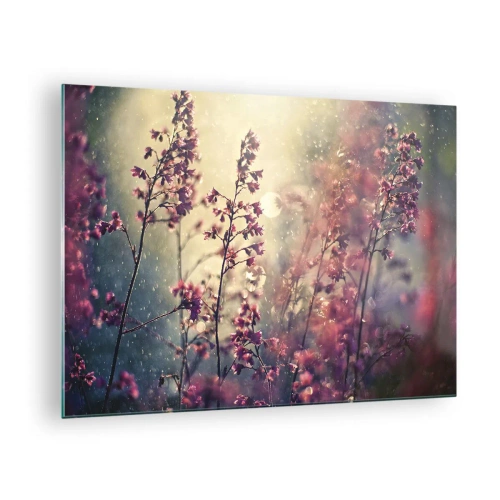 Üveg kép - Virágok a napfényben, lágy esőben - 70x50cm - Titkos kert - Modern fali dekoráció nappalihoz és hálószobához ARTTOR