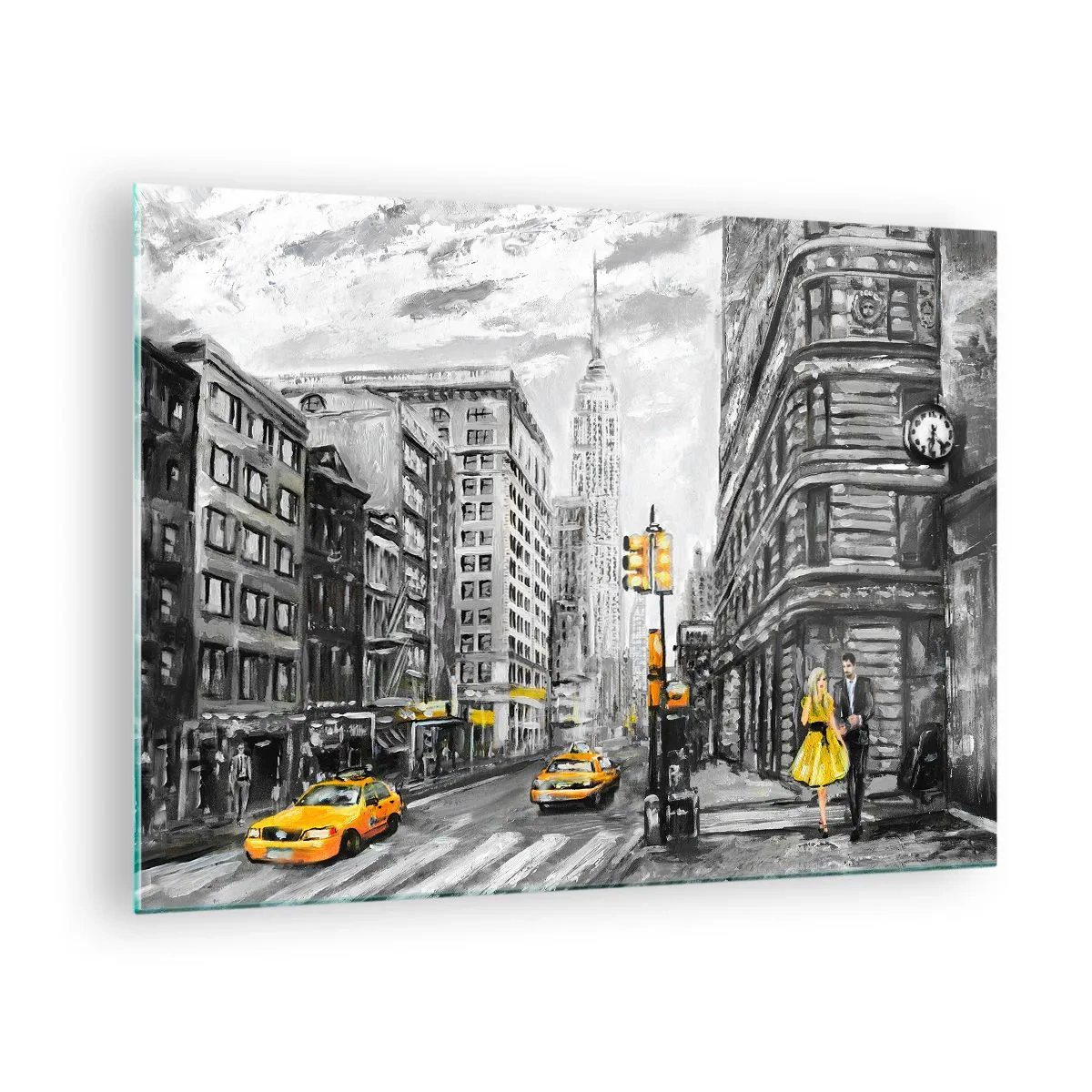 Üveg kép - New York City illusztrációja fekete-fehér árnyalatokban, sárga díszítéssel. - 70x50cm - Egy New York-i történet - Modern fali dekoráció nappalihoz és hálószobához ARTTOR
