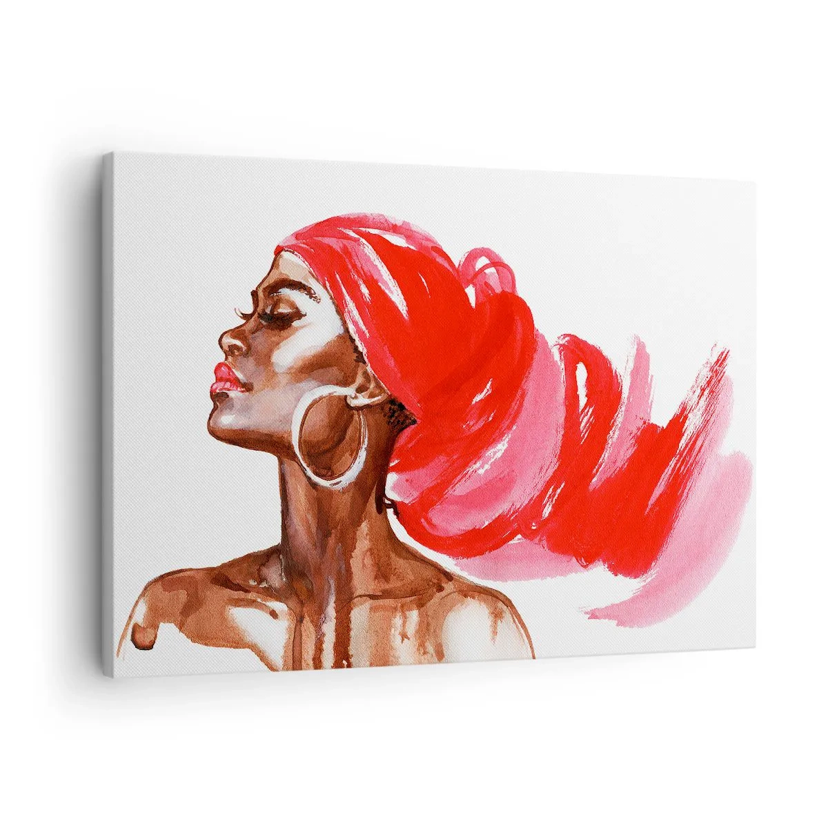 Vászonkép - Egy piros turbános és fülbevalós nő profilja - 70x50cm - "Van egy szél, ami kinyitja az ember orrlyukait” - Modern fali dekoráció nappalihoz és hálószobához ARTTOR