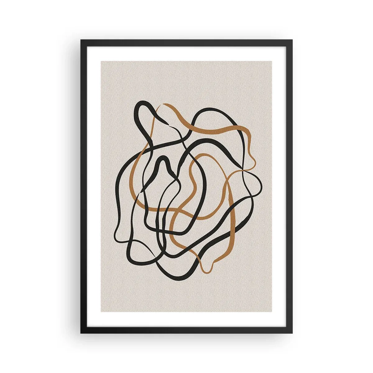 Poszter fehér keretben - Absztrakt kusza vonalak fekete és arany színben bézs alapon - 50x70cm - Minden összezavarodott - Modern fali dekoráció nappalihoz és hálószobához ARTTOR