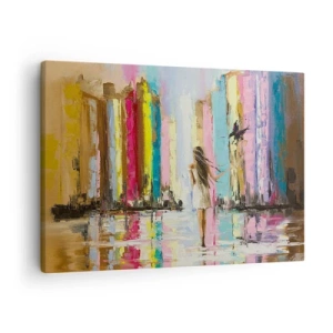 Vászonkép - Egy színes város és egy fehér ruhás nő egy madárral - 70x50cm - Kövessél - Modern fali dekoráció nappalihoz és hálószobához ARTTOR