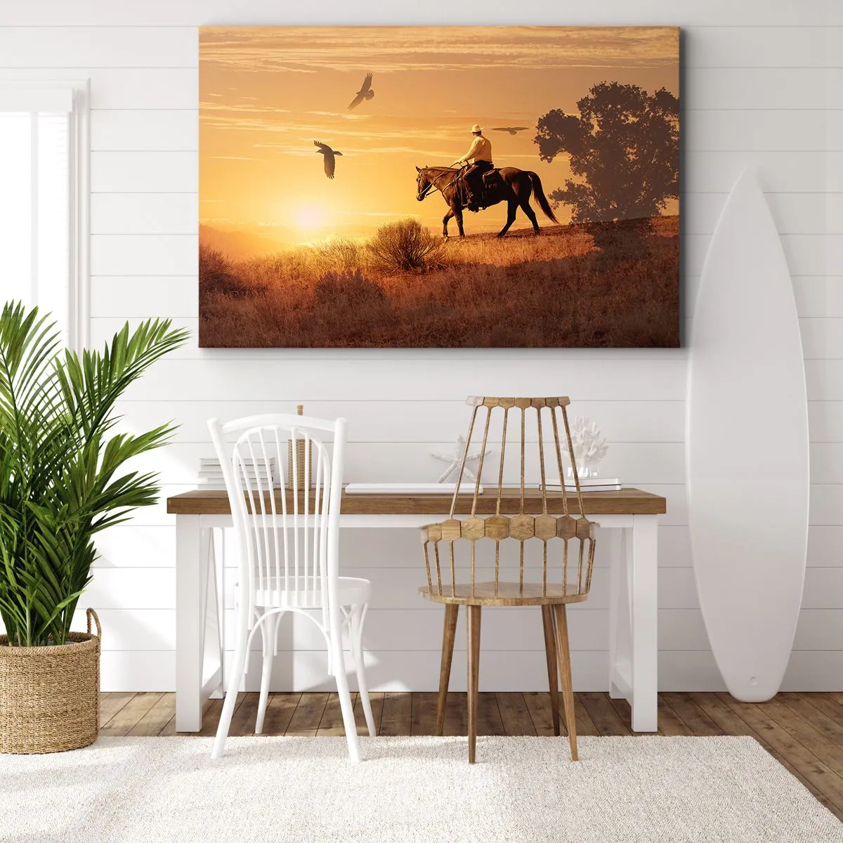 Vászonkép - Egy lovas lovon naplementekor a préri ellen - 70x50cm - Egyedül a prérin keresztül - Modern fali dekoráció nappalihoz és hálószobához ARTTOR