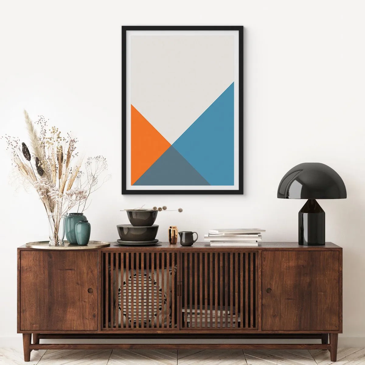 Poszter fehér keretben - Geometriai kompozíció narancssárga és kék árnyalatokban - 50x70cm - Szögben… - Modern fali dekoráció nappalihoz és hálószobához ARTTOR