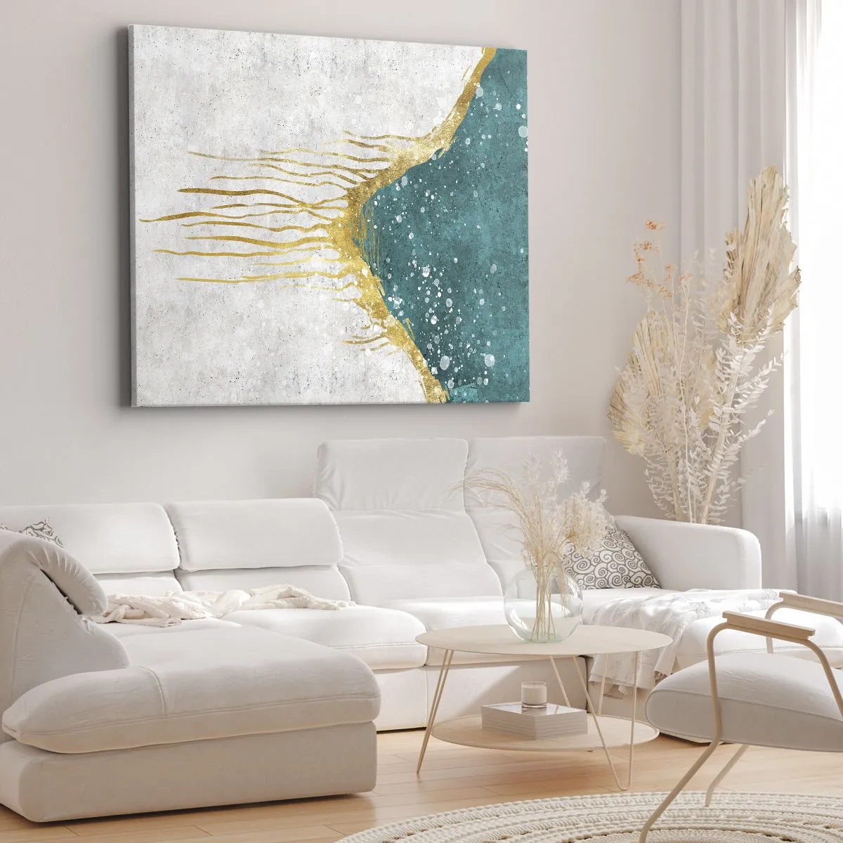 Vászonkép - Absztrakt kompozíció arany és türkiz árnyalatokban - 70x50cm - Aranyló dagály - Modern fali dekoráció nappalihoz és hálószobához ARTTOR